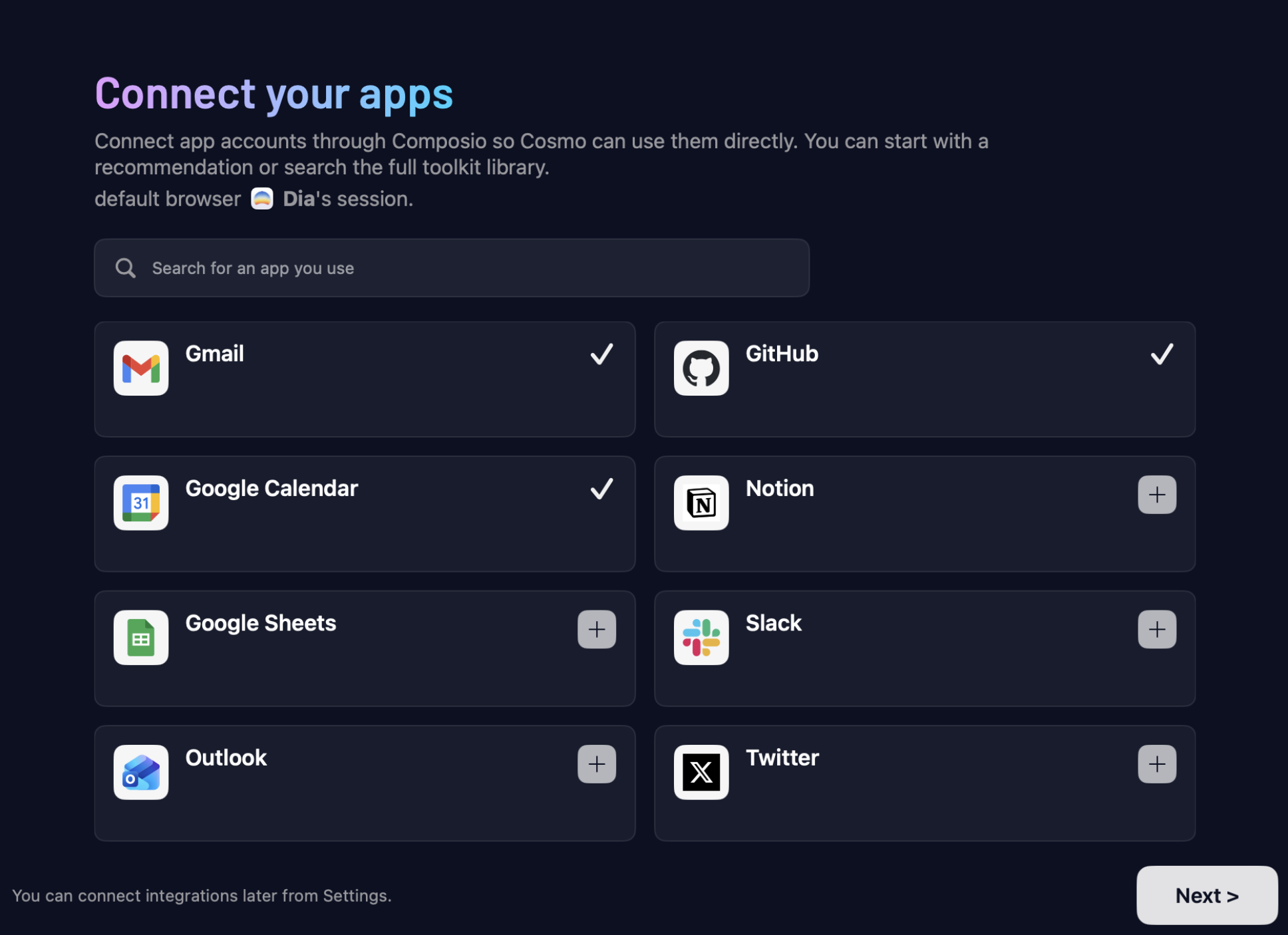 Composio app connection interface